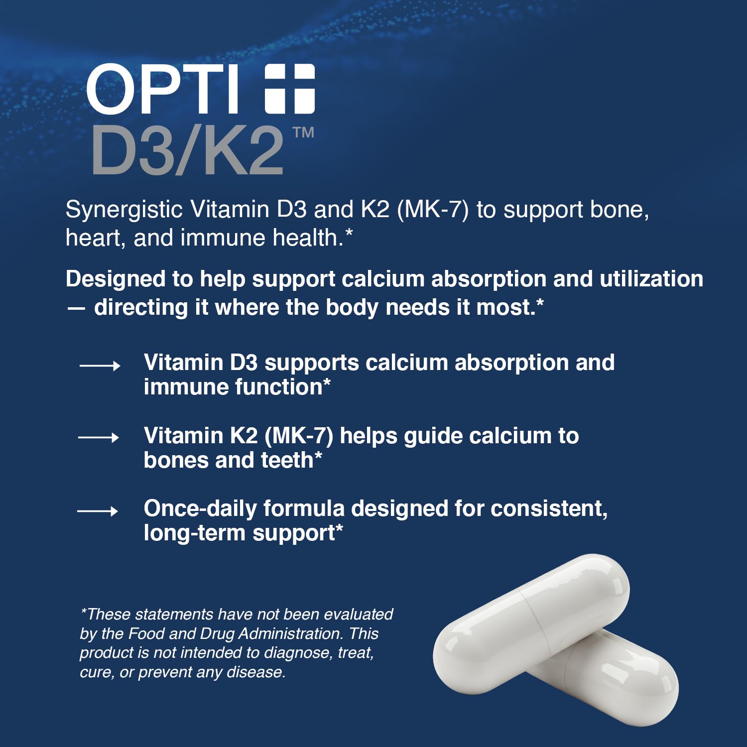 Opti Life MD Opti D3/K2 label closeup highlighting vitamin D3 and K2 benefits.