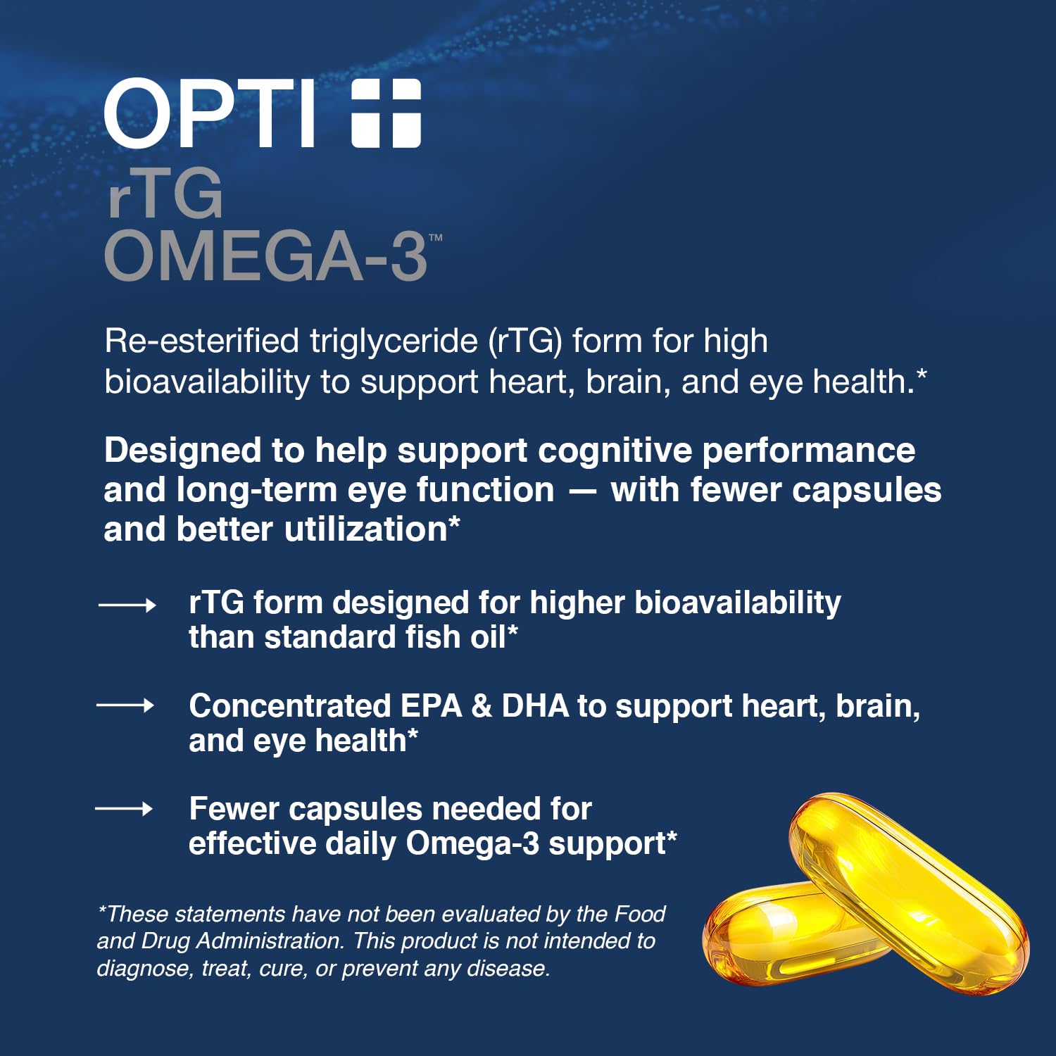 Close-up of Opti + Life MD Omega-3 label highlighting ultra-refined ingredients.