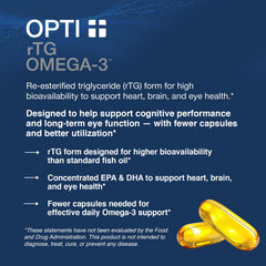 Close-up of Opti + Life MD Omega-3 label highlighting ultra-refined ingredients.