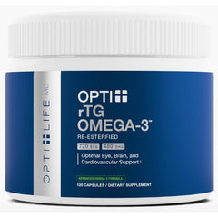 Opti + Life MD rTG Omega-3 bottle pouring for daily omega-3 intake.