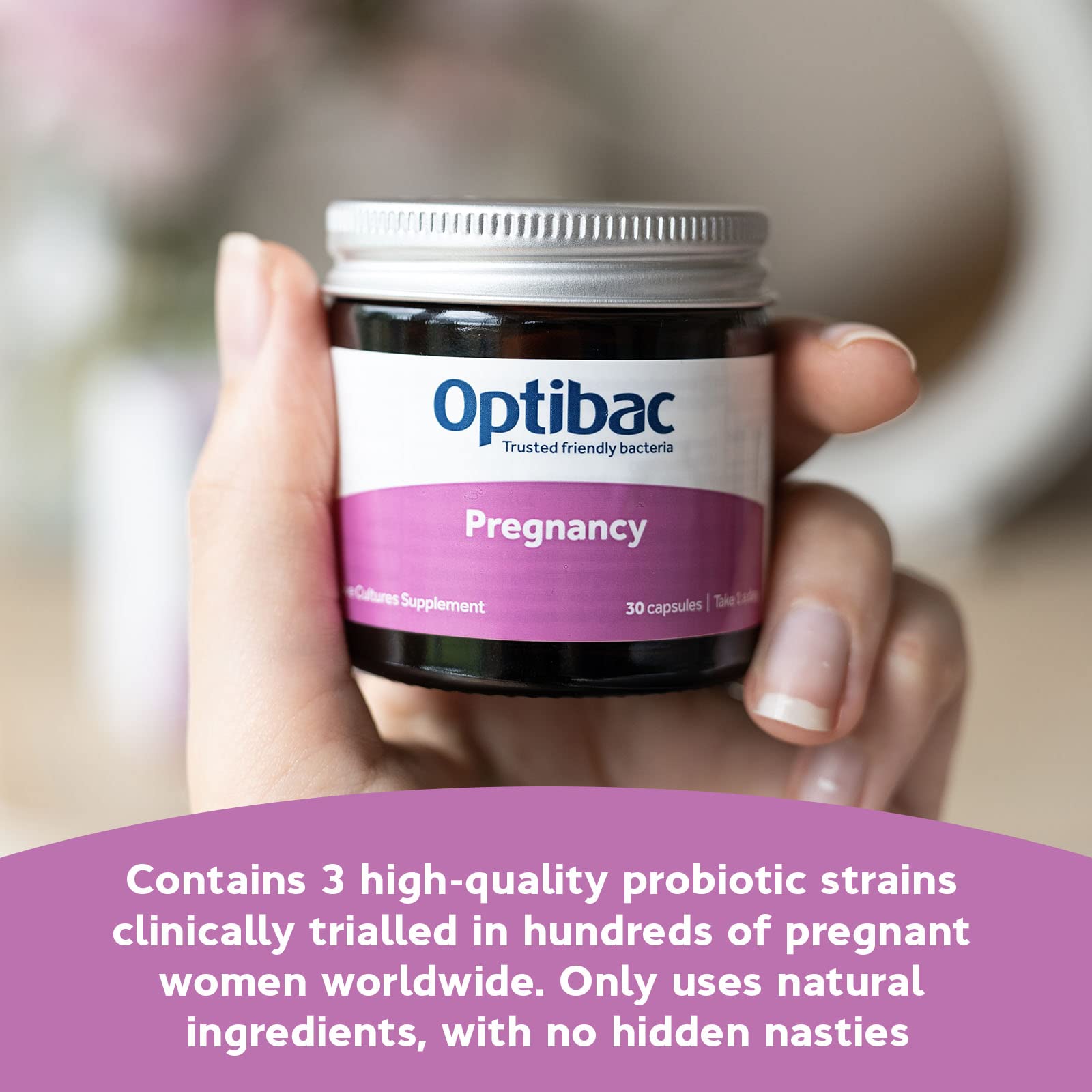 Optibac Probiotics Pregnancy bottle pour illustrating convenient daily intake