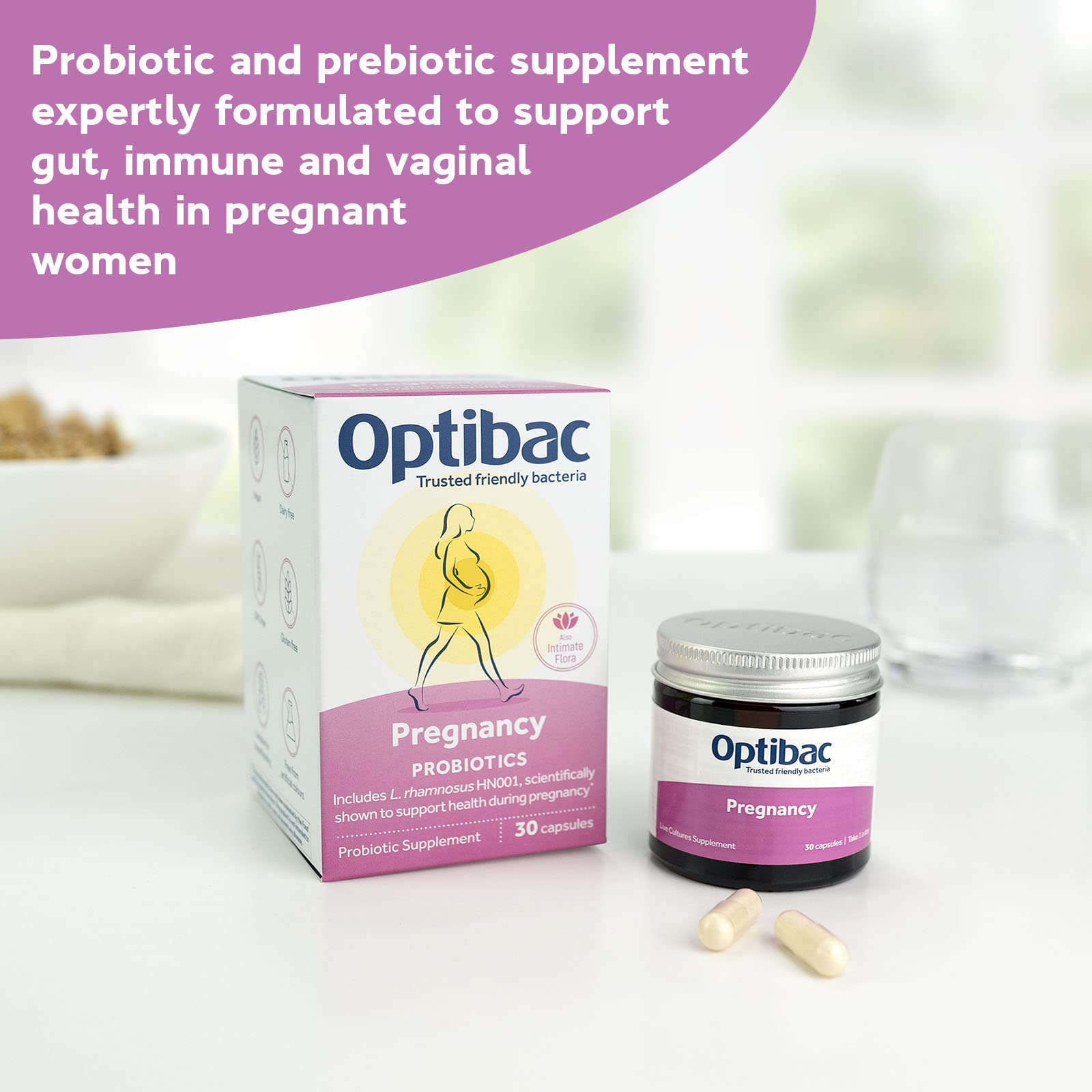 Optibac Probiotics Pregnancy capsules closeup highlighting 12 billion CFU and prebiotic
