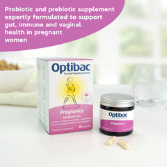 Optibac Probiotics Pregnancy capsules closeup highlighting 12 billion CFU and prebiotic