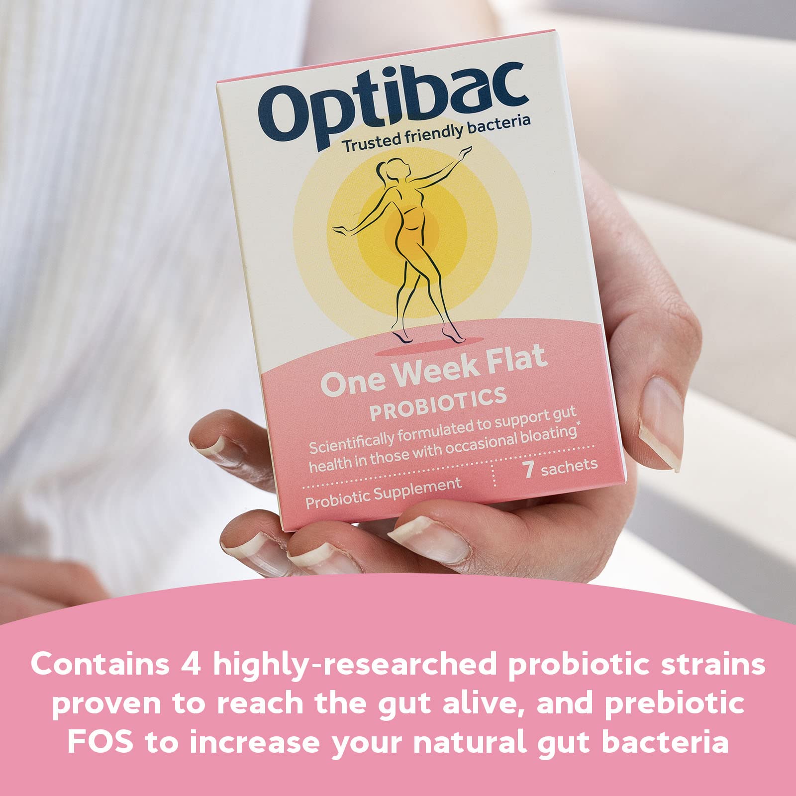 Optibac One Week Flat sachets closeup, convenient to mix into drinks or foods.