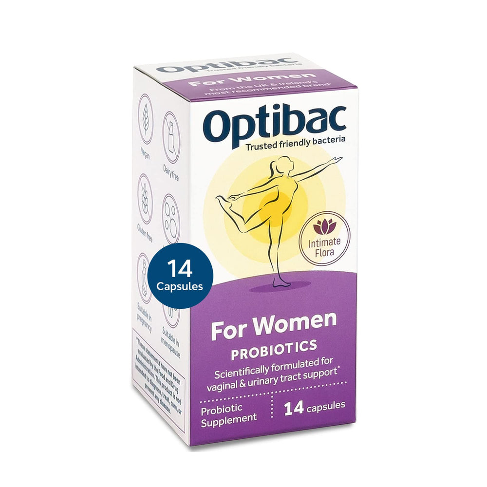 Optibac Probiotics for Women bottle front showing vegan capsules for daily support for vaginal flora.