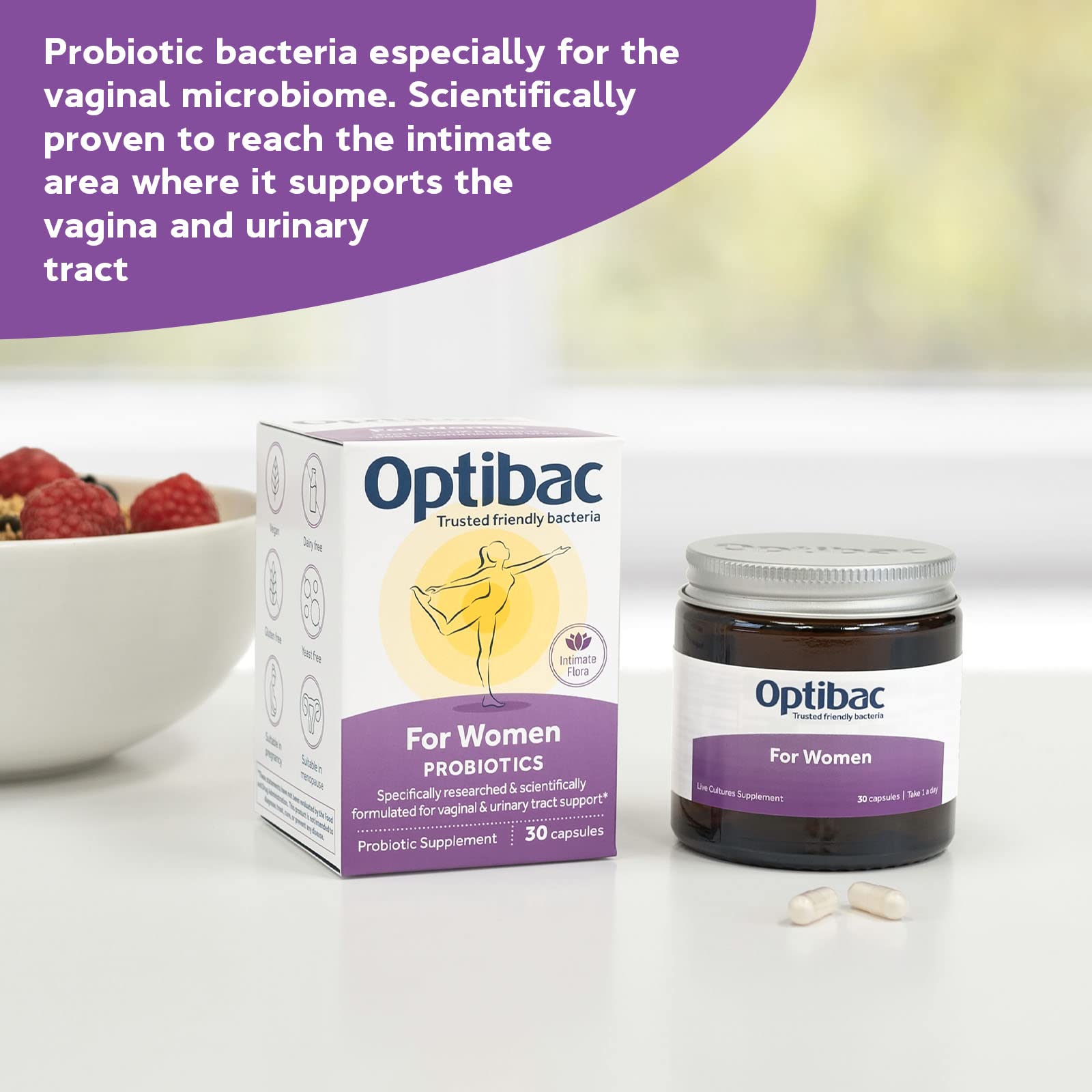 Optibac Probiotics for Women bottle label highlights vegan formula suitable for plant-based lifestyles.