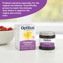 Optibac Probiotics for Women bottle label highlights vegan formula suitable for plant-based lifestyles.