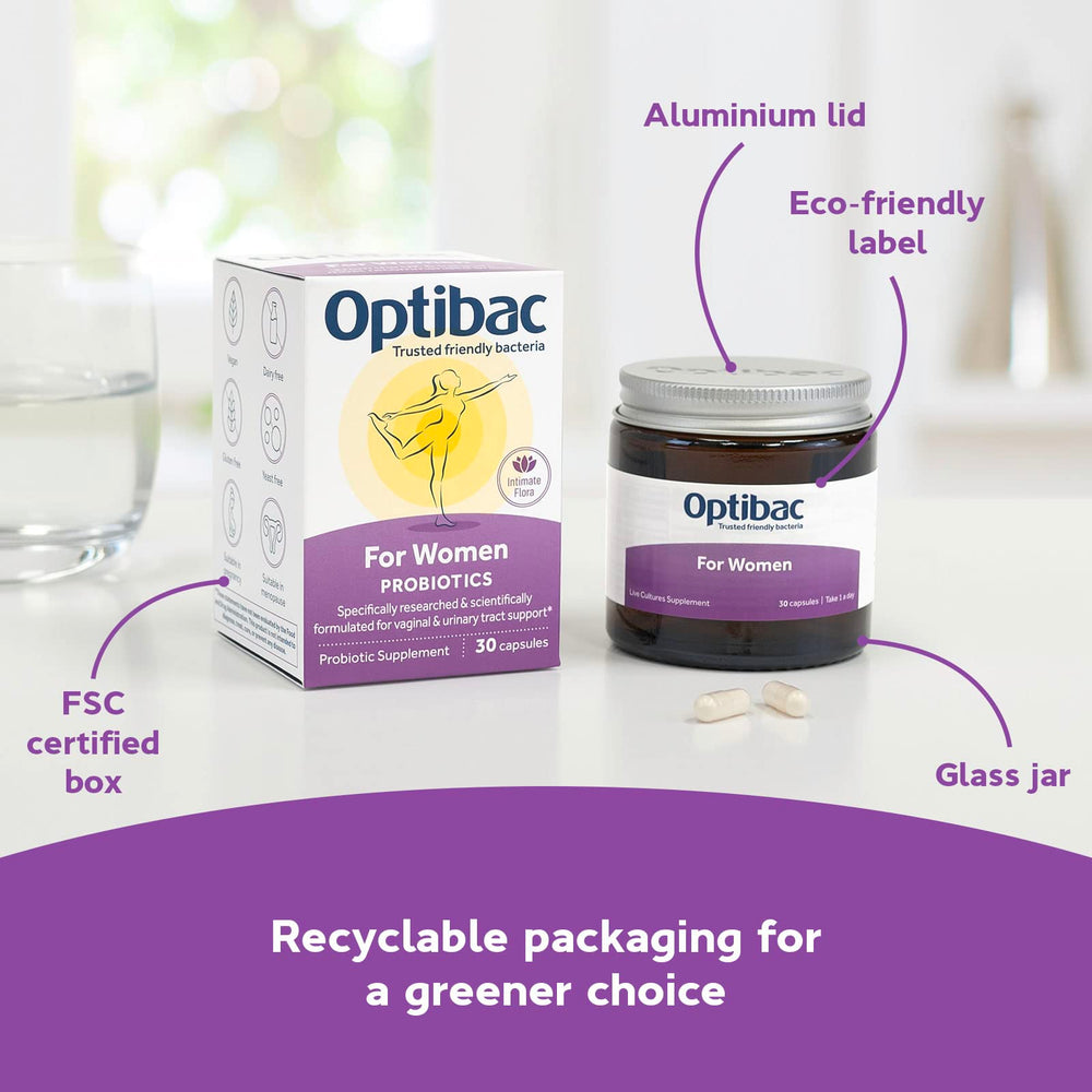 Optibac Probiotics for Women packaging flatlay showing vegan capsules.