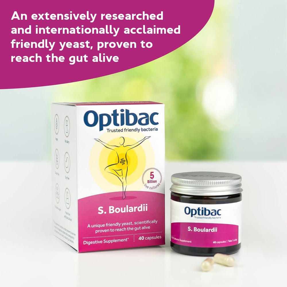 OptiBac Saccharomyces boulardii bottle front highlighting probiotic details.