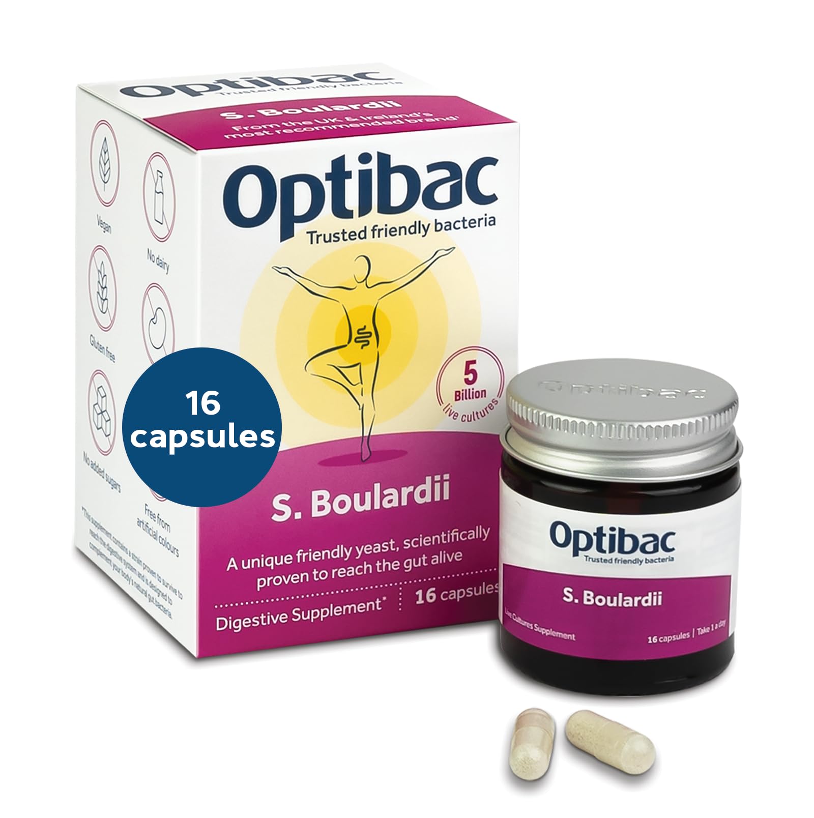 OptiBac Saccharomyces boulardii capsule close-up for digestive support.