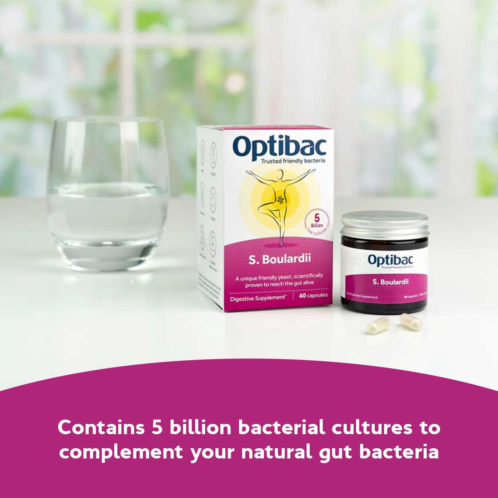 OptiBac Saccharomyces boulardii packaging box showing value and capsules count.