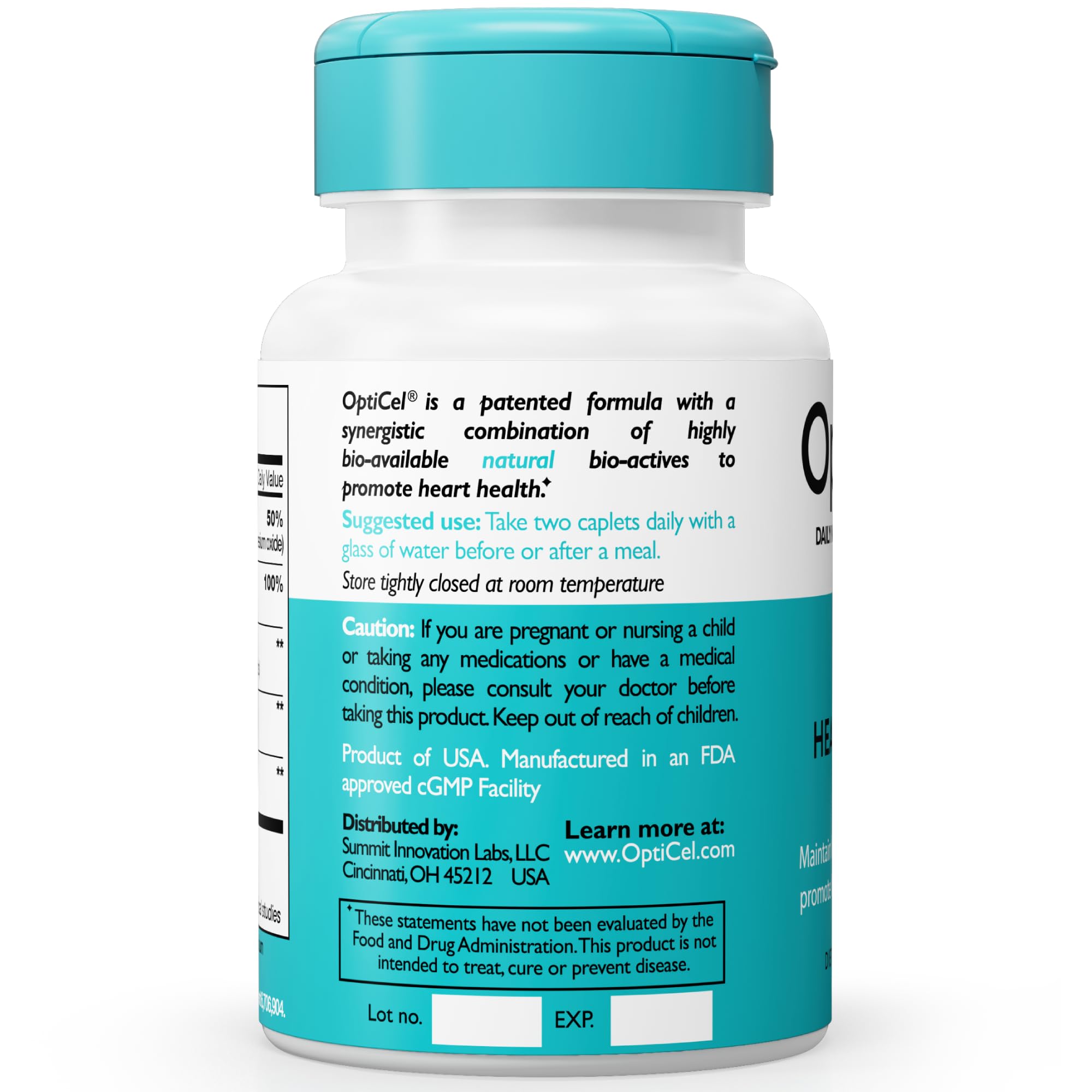 OptiCel Heart Health packaging highlighting gluten-free, vegan, non-GMO formulation.