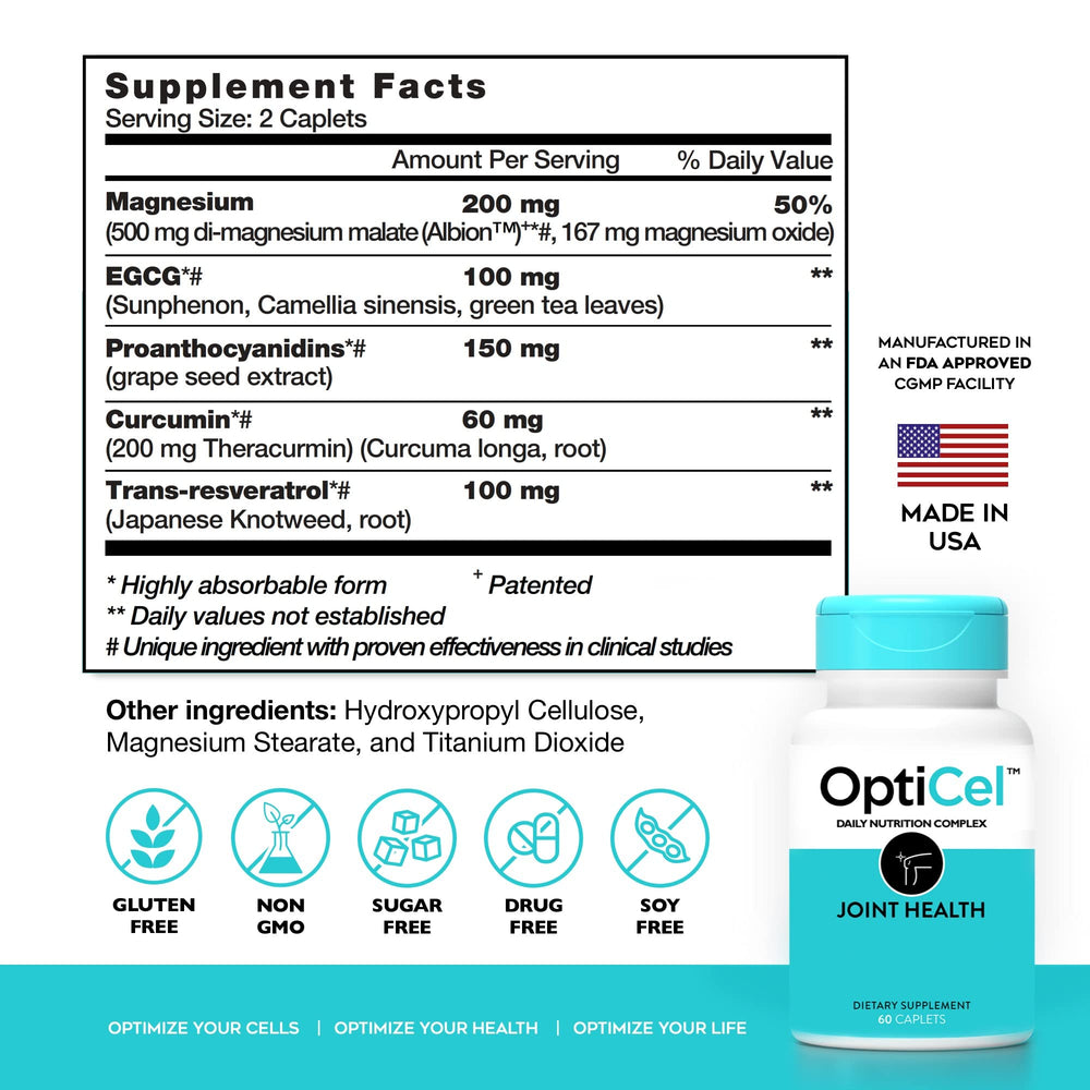 Close-up of OptiCel Joint Health capsules highlighting plant-based formula.