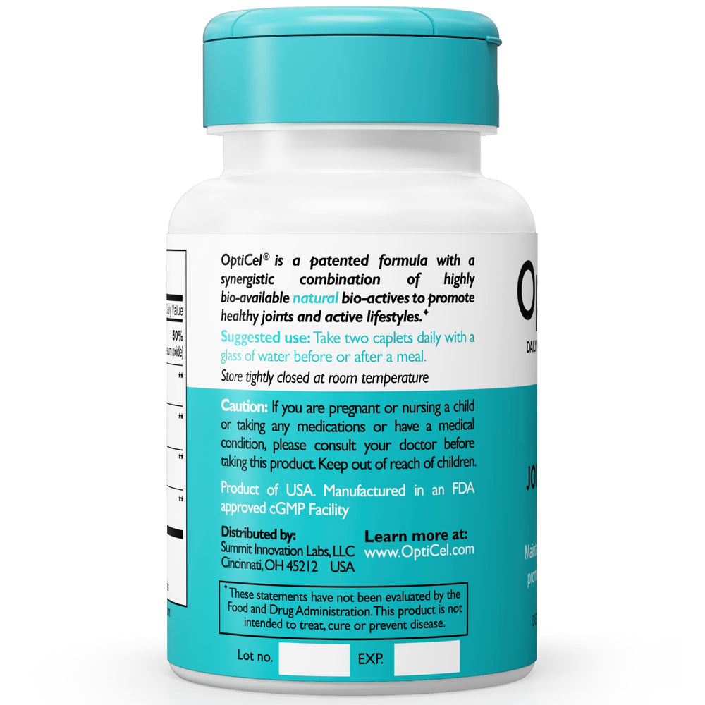 Close-up of OptiCel Joint Health label highlighting premium plant-based nutrients.
