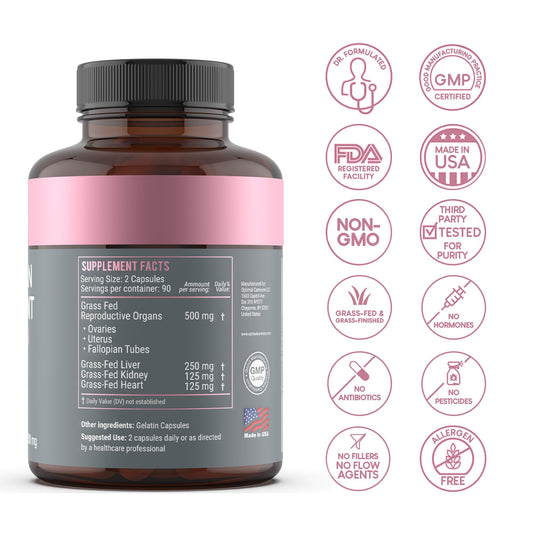 Optimal Carnivore beef organ women capsules packaging highlights grass-fed New Zealand organs
