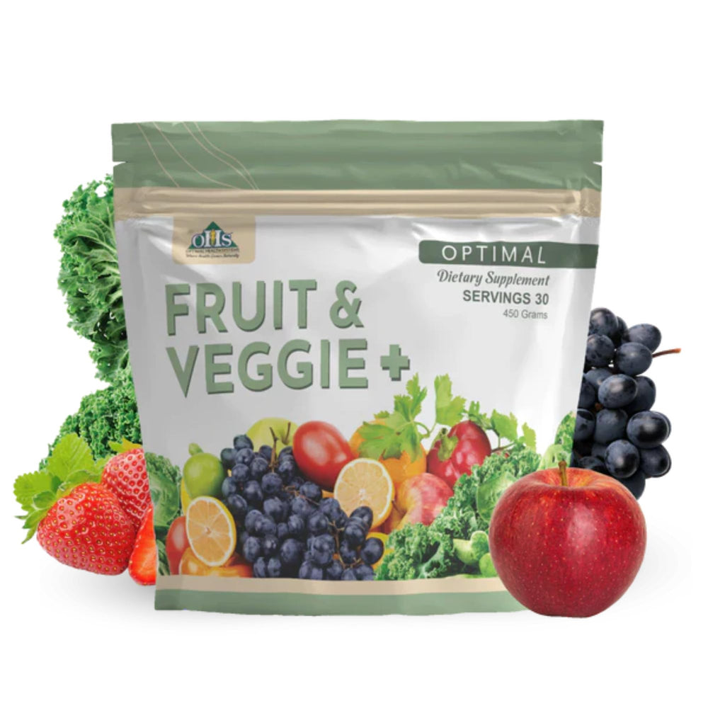 Optimal Fruit Veggie Plus bottle highlights a vibrant daily nutrition blend.