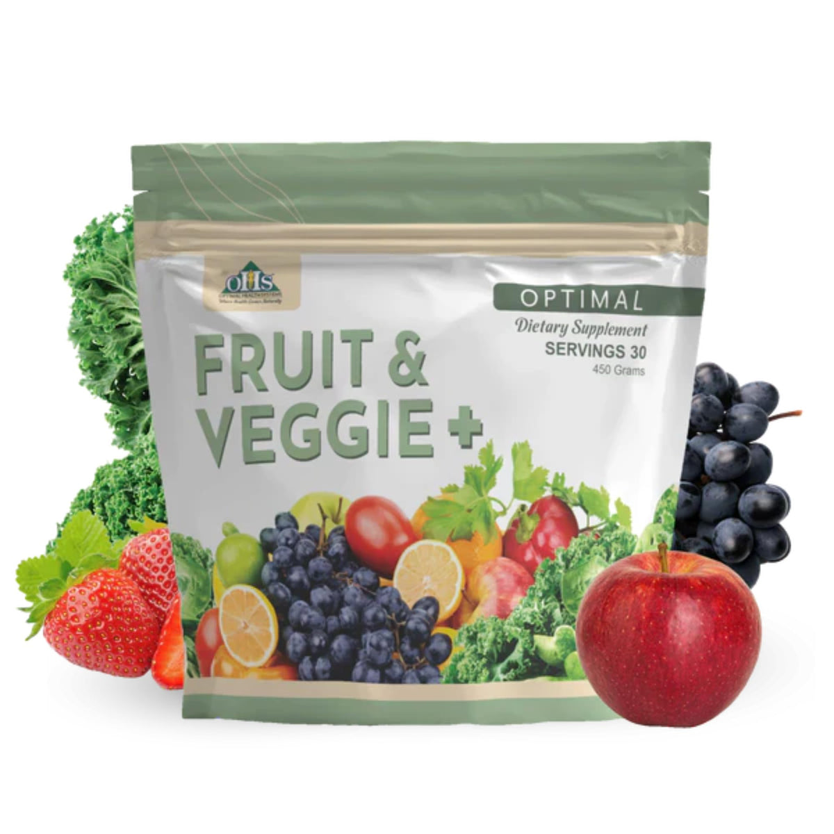 Optimal Fruit Veggie Plus bottle highlights a vibrant daily nutrition blend.