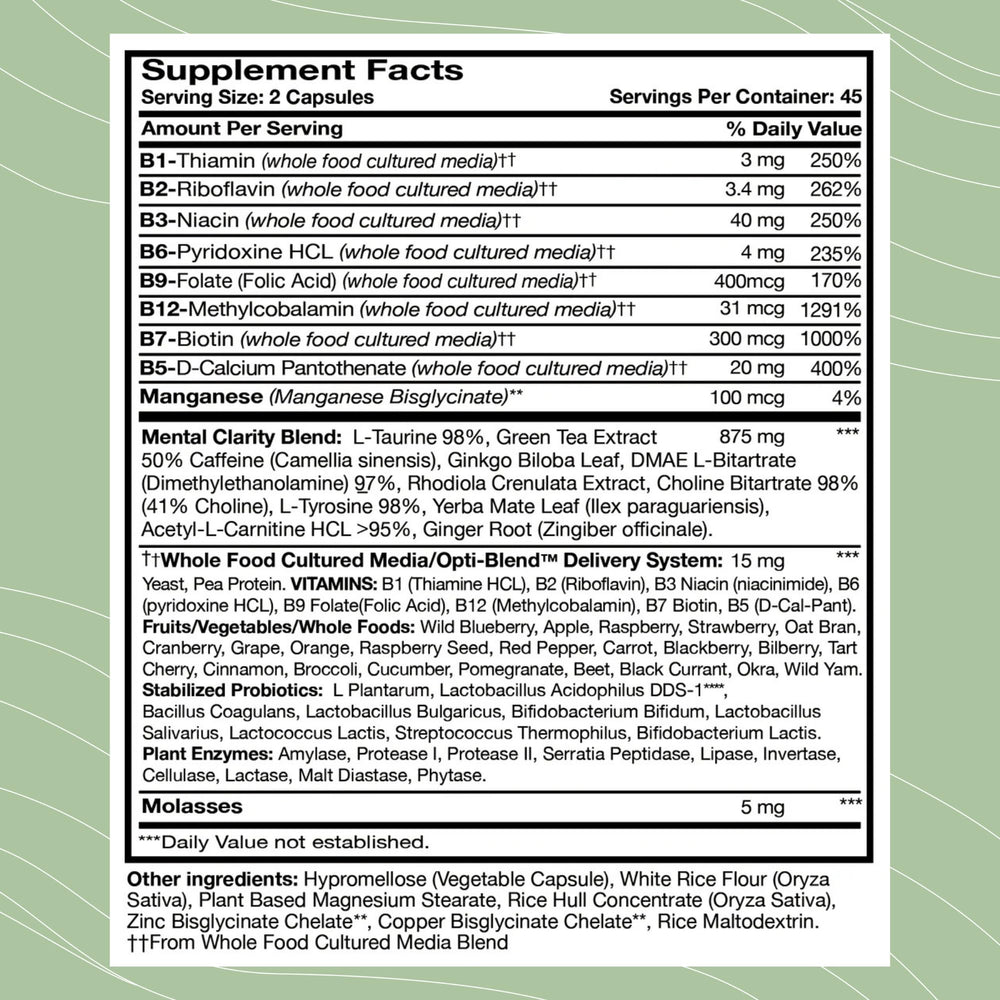 Optimal Health Systems B Awake bottle side label with ingredients