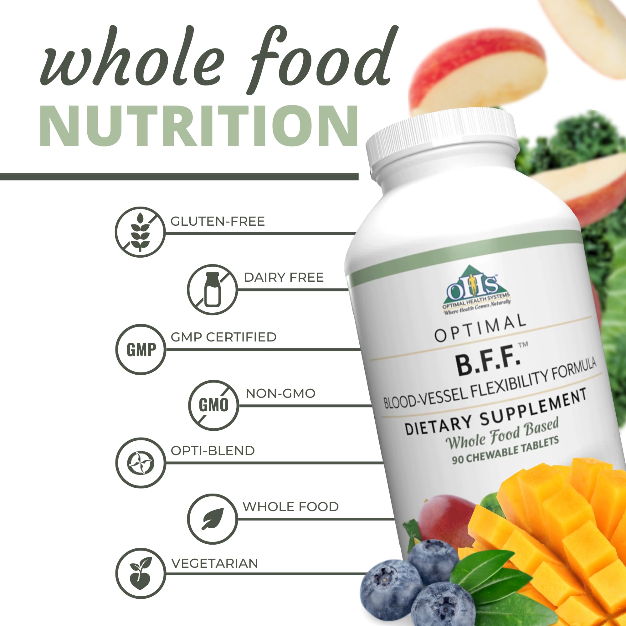 Optimal Health Systems BFF chewable natural ingredients scene with antioxidants