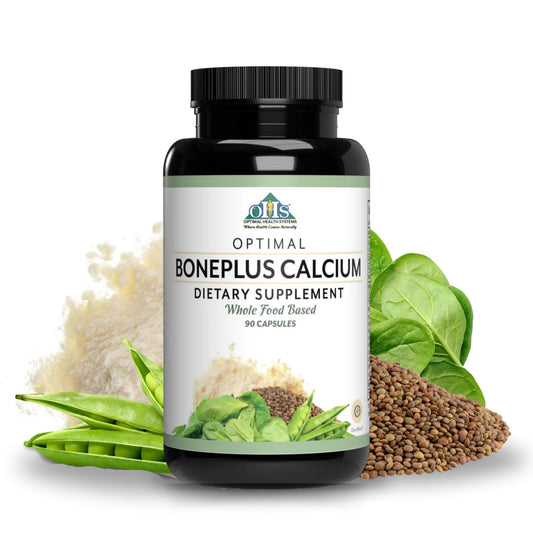 Optimal Health Systems BonePlus calcium bottle highlighting a chelated calcium formula