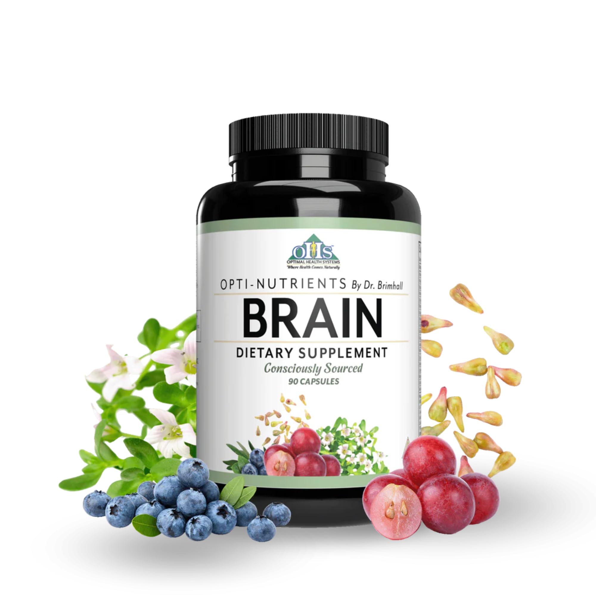 Optimal Health Systems Brain bottle front showing premium nootropic blend for focus
