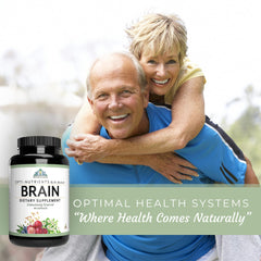 Optimal Health Systems Brain packaging on shelf conveying non-GMO and gluten-free formula quality