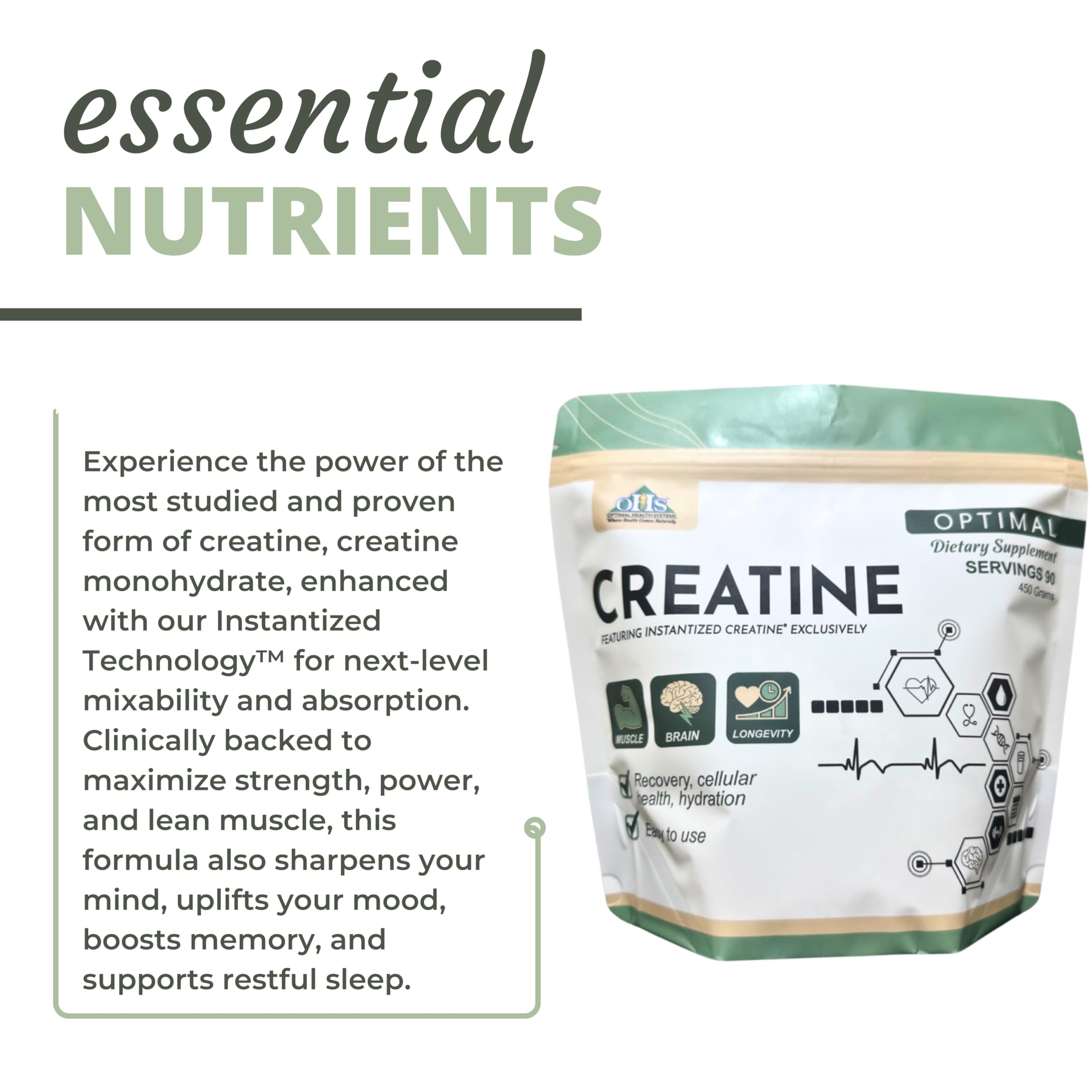 Optimal Health Systems Creatine label close-up showing non-GMO, dairy-free formula.