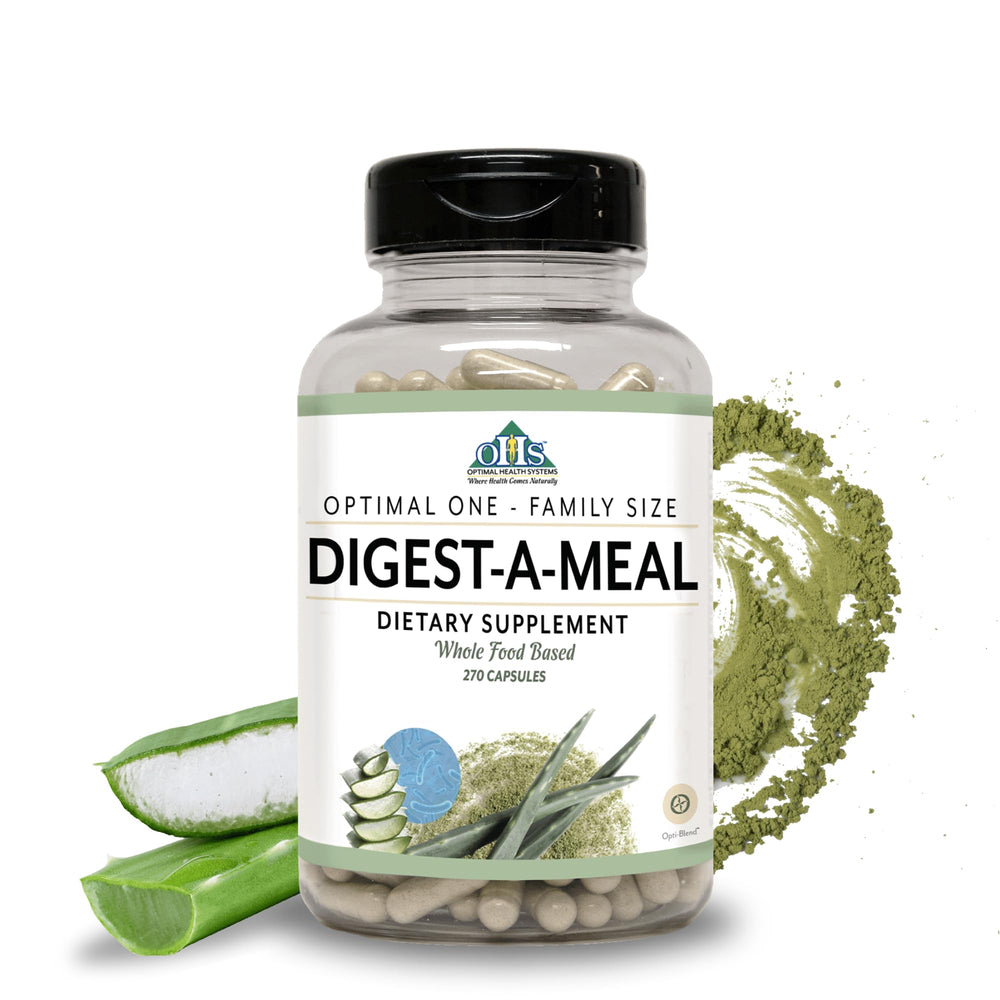Optimal Health Systems Digest-A-Meal bottle front for daily digestive support.