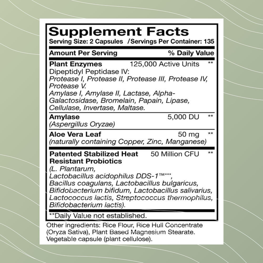Optimal Health Systems Digest-A-Meal label closeup highlights probiotic blend.