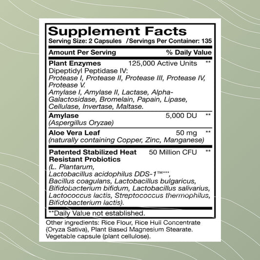 Optimal Health Systems Digest-A-Meal label closeup highlights probiotic blend.