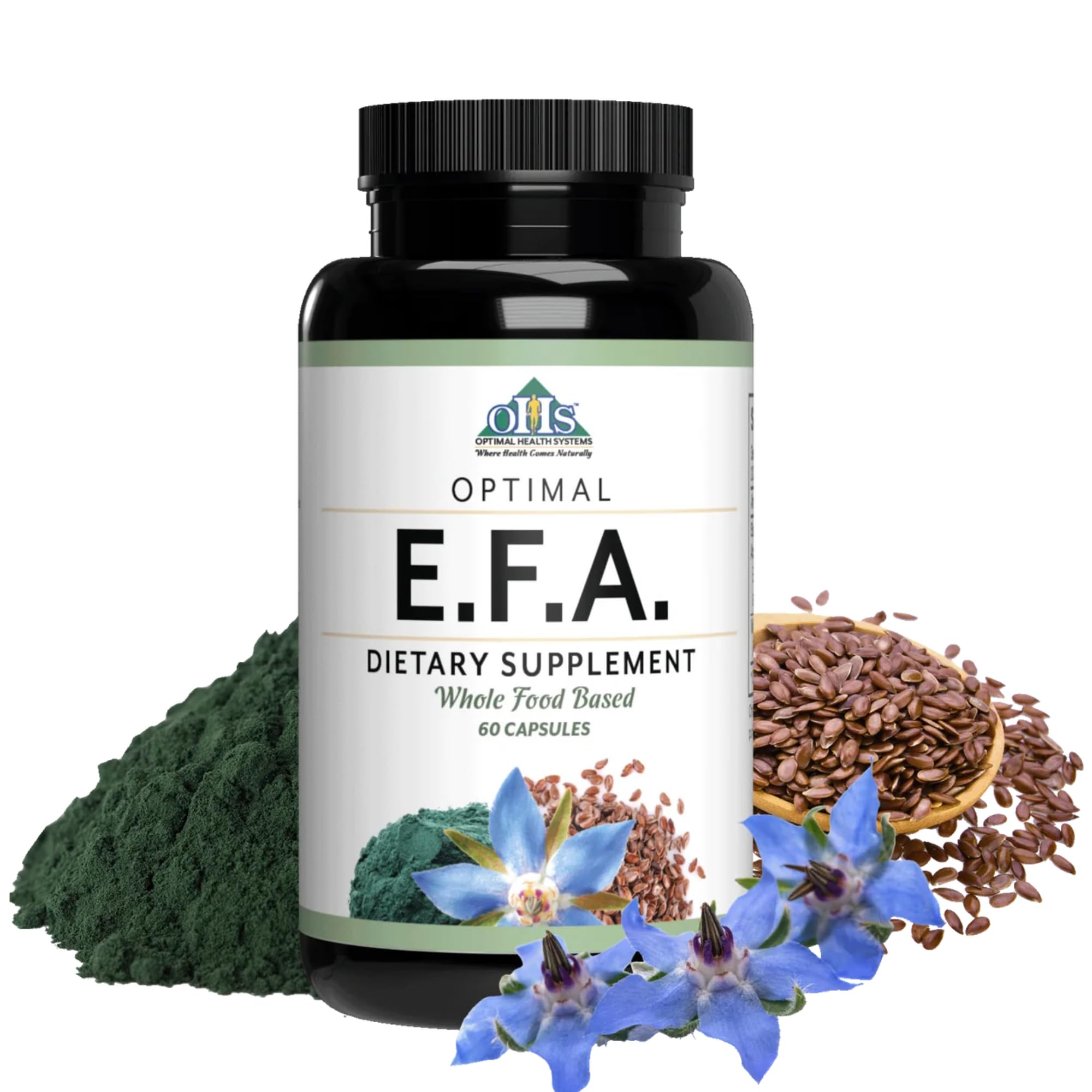 Optimal Health Systems EFA bottle showing plant-based essential fatty acids for heart, brain, and eye support.