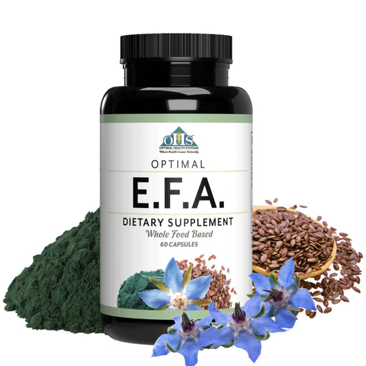 Optimal Health Systems EFA bottle showing plant-based essential fatty acids for heart, brain, and eye support.