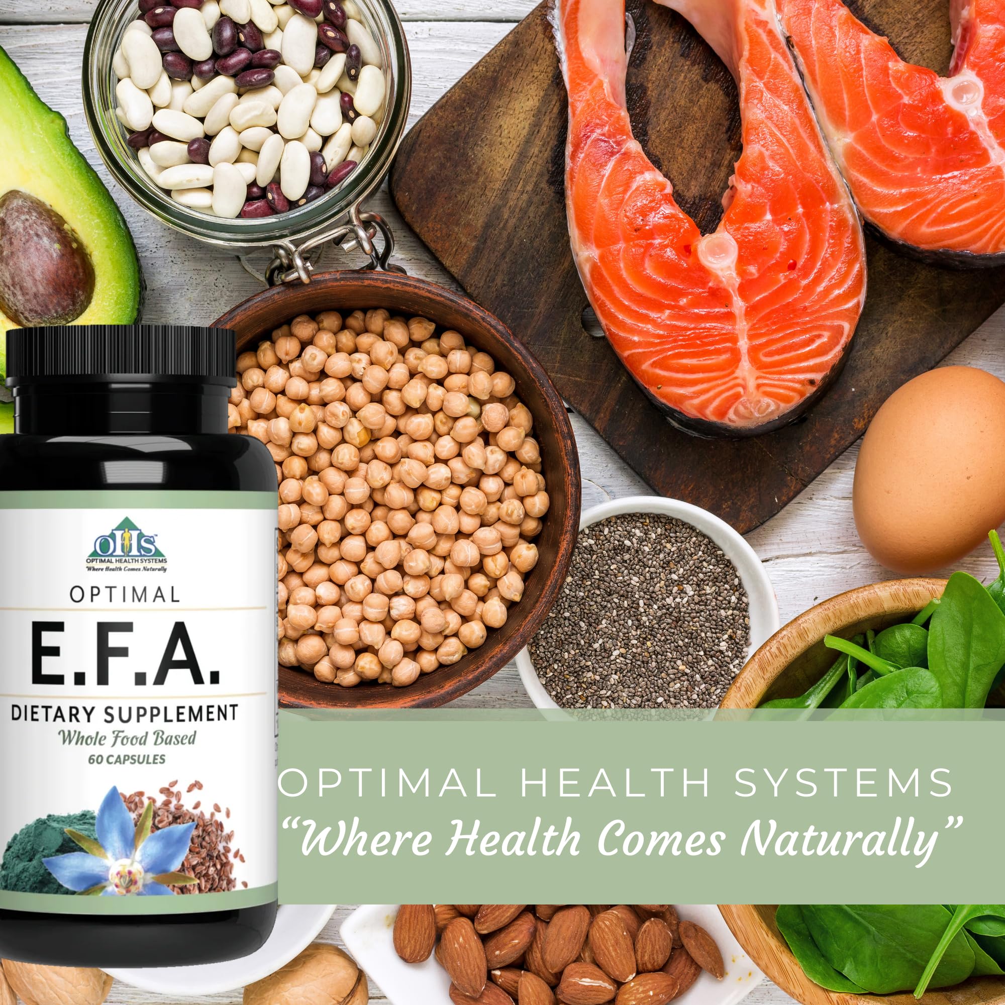 Optimal Health Systems EFA serving suggestion shows 60 capsules for a 30-day supply.