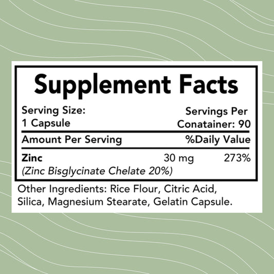 Optimal Health Systems Essential Zinc capsules show chelated bisglycinate for gentle absorption