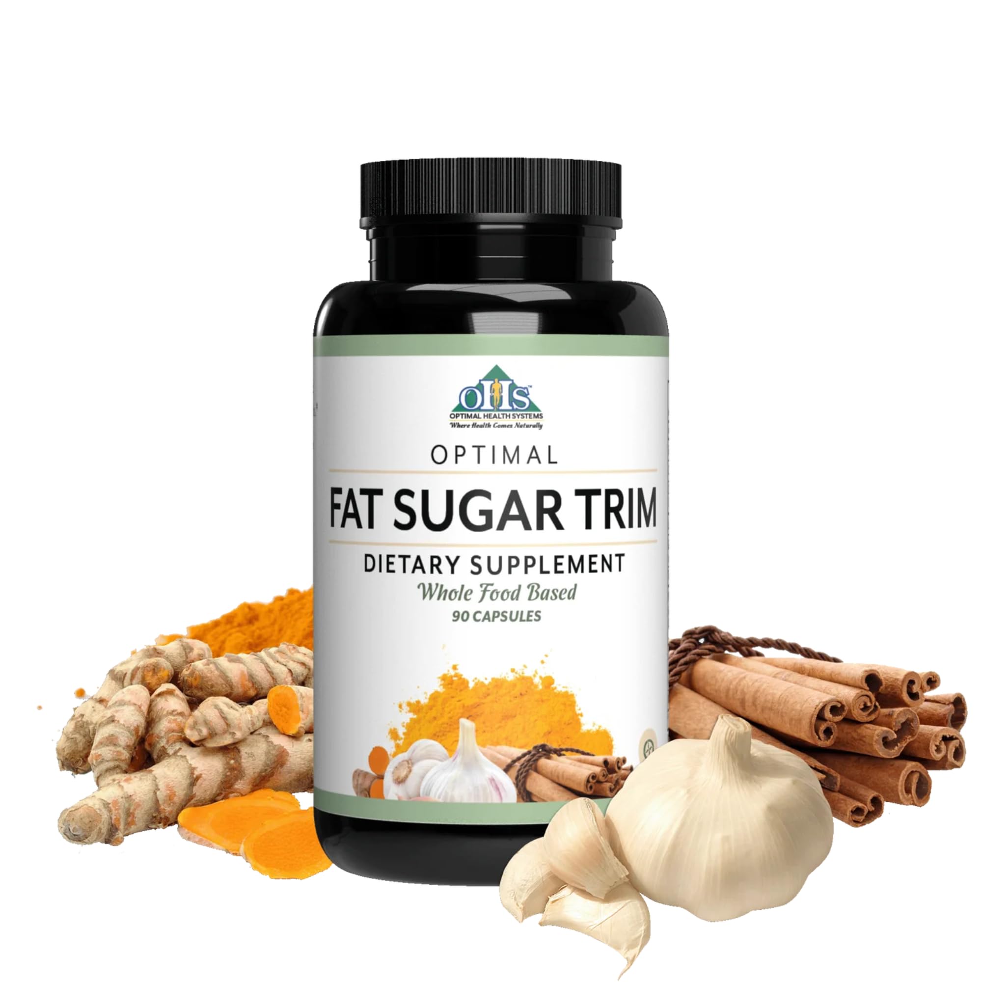 Optimal Health Systems Fat Sugar Trim bottle close-up for energy support.