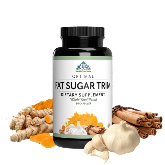 Optimal Health Systems Fat Sugar Trim bottle close-up for energy support.