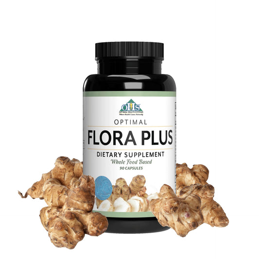 Optimal Health Systems Flora Plus bottle for daily digestive support.