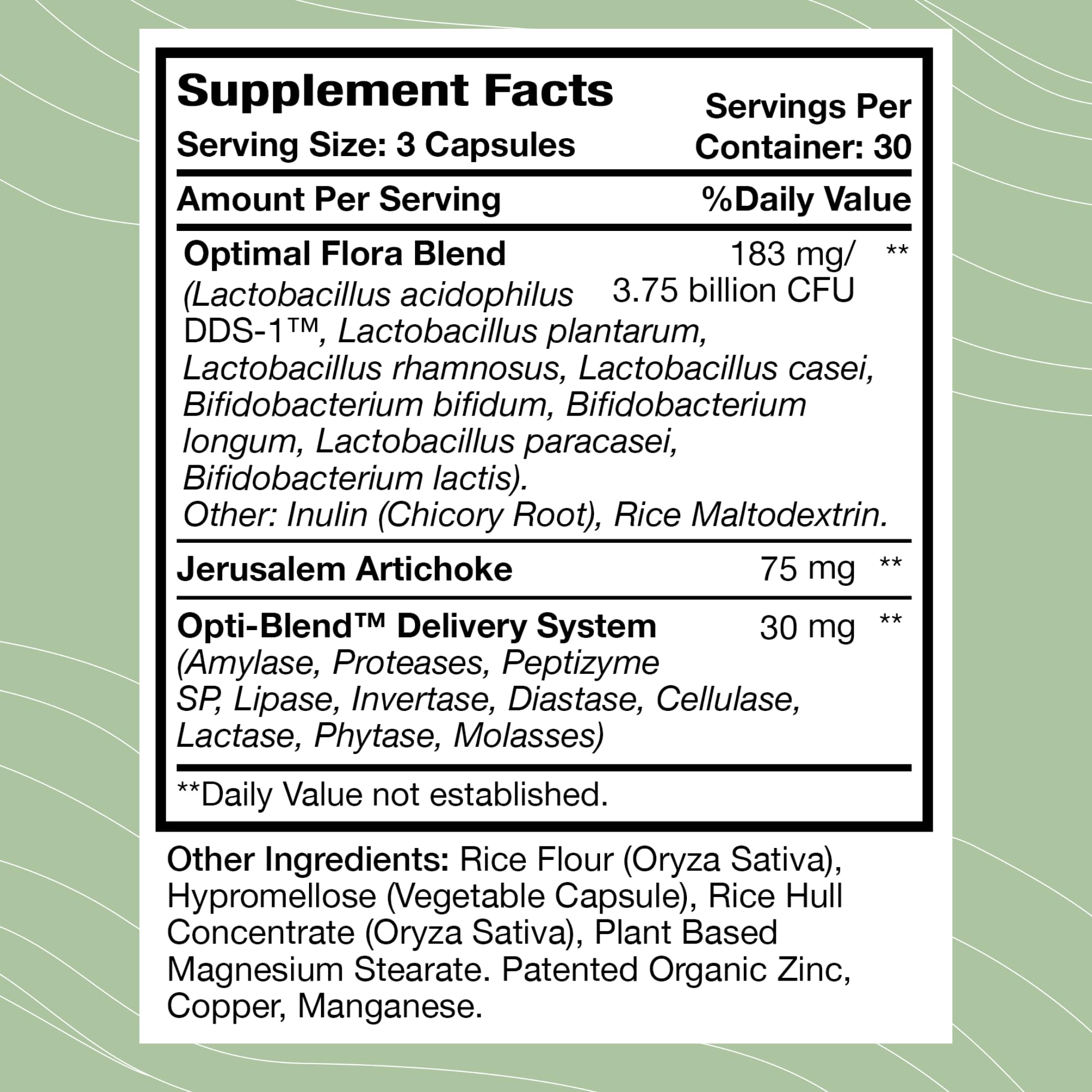 Optimal Health Systems Flora Plus capsules closeup for gut balance and easy daily use.