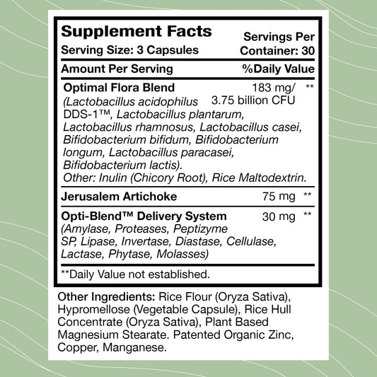 Optimal Health Systems Flora Plus capsules closeup for gut balance and easy daily use.