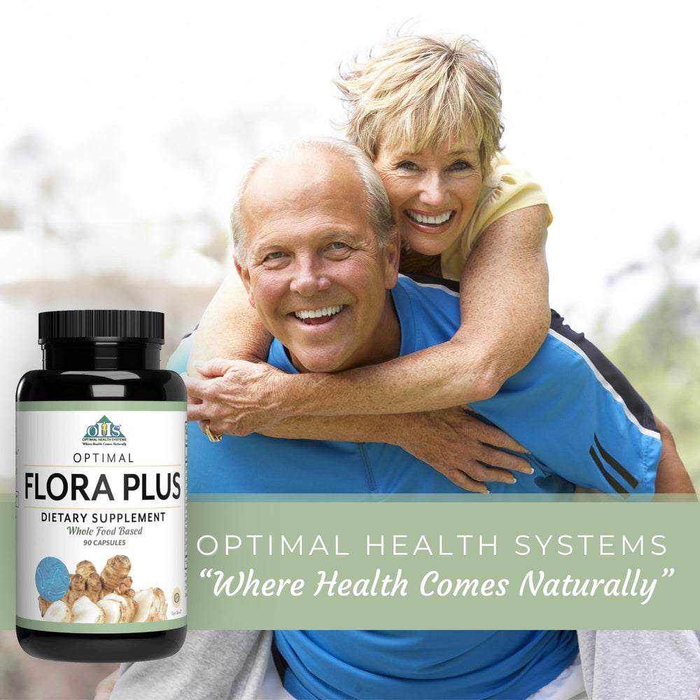 Optimal Health Systems Flora Plus packaging box communicates 90 capsules and dietary attributes.