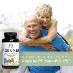 Optimal Health Systems Flora Plus packaging box communicates 90 capsules and dietary attributes.