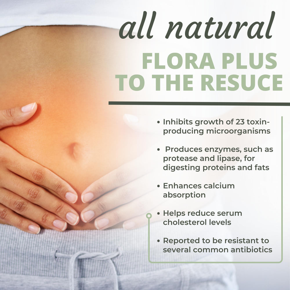 Optimal Health Systems Flora Plus supplement scene suggests pairing with meals for daily routine.