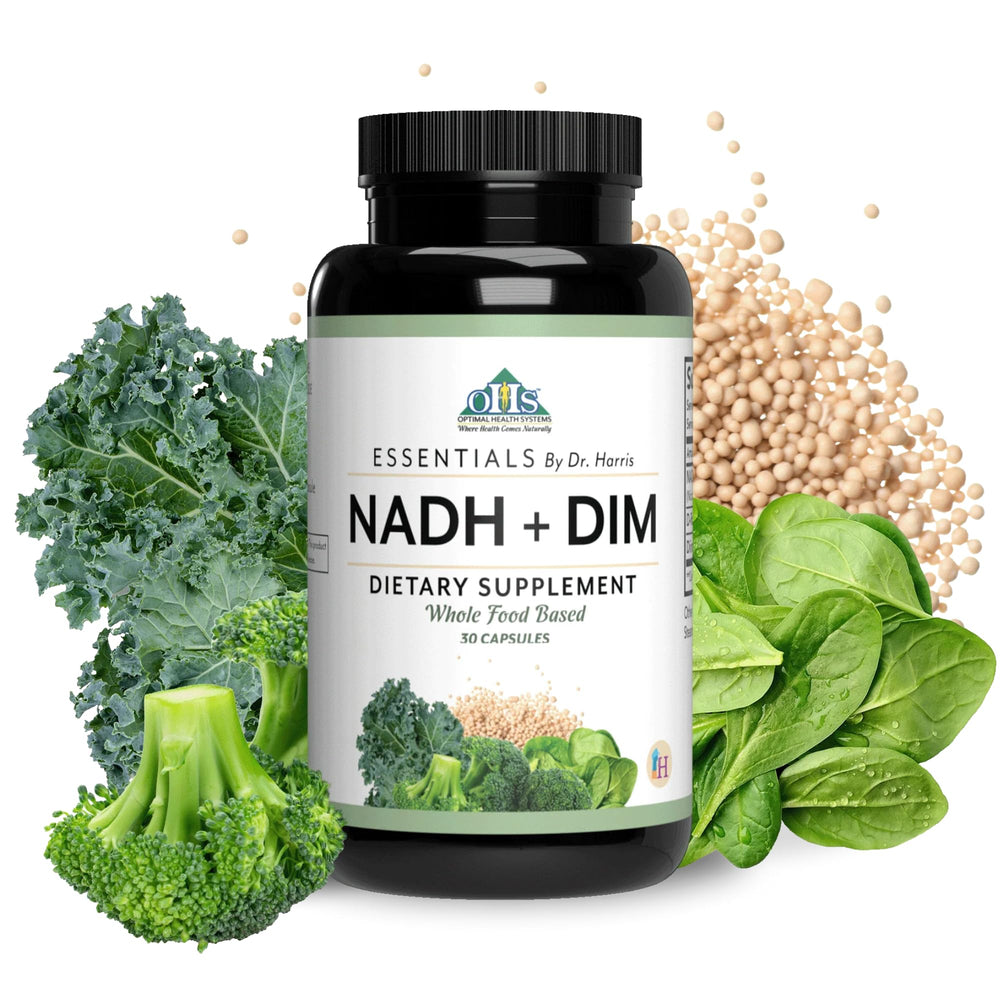 Optimal Health Systems NADH + DIM bottle on a clean surface for daily energy support.