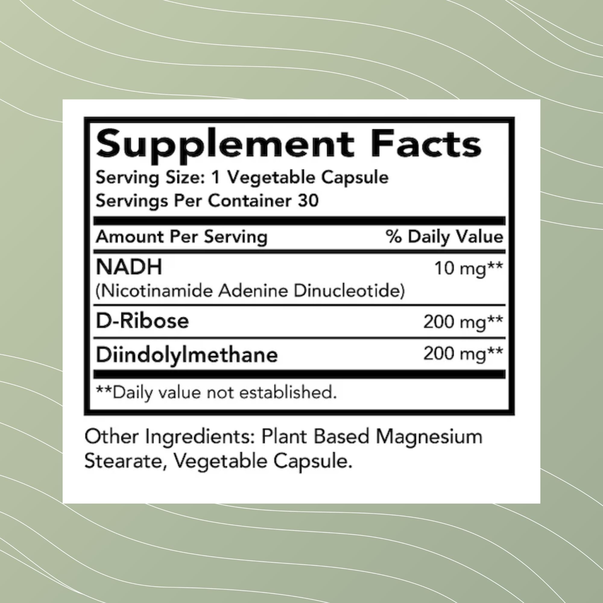 Optimal Health Systems NADH + DIM capsules close-up highlighting plant-based formulation.