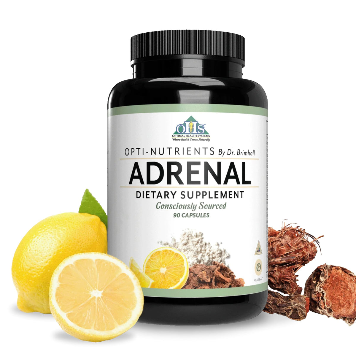 Optimal Health Systems Opti-Adrenal bottle front shows 90 capsules for daily adrenal support.