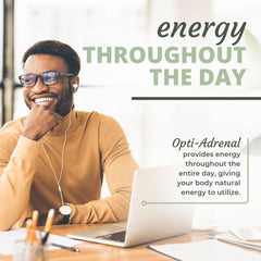 Opti-Adrenal placed beside coffee to suggest calmer mornings without jitters.