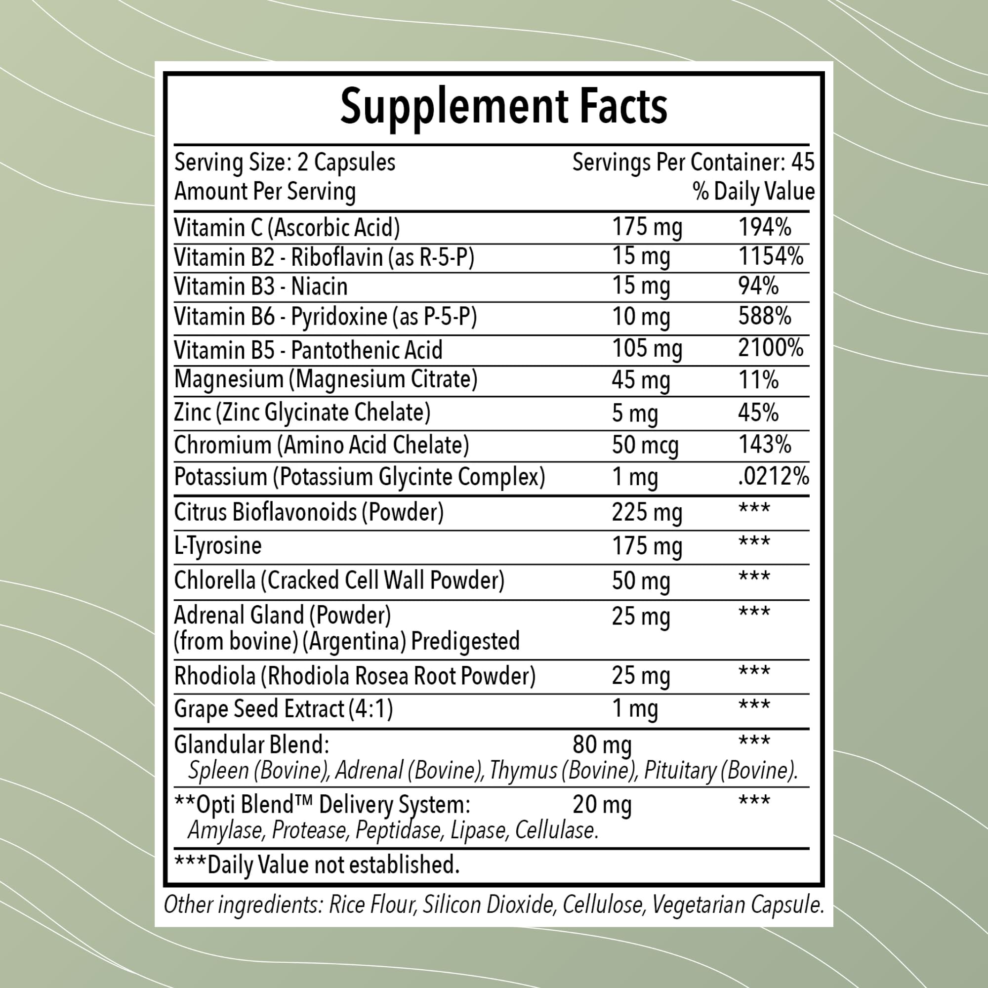 Opti-Adrenal label close-up highlights rhodiola root and vitamins for stress resilience and energy.