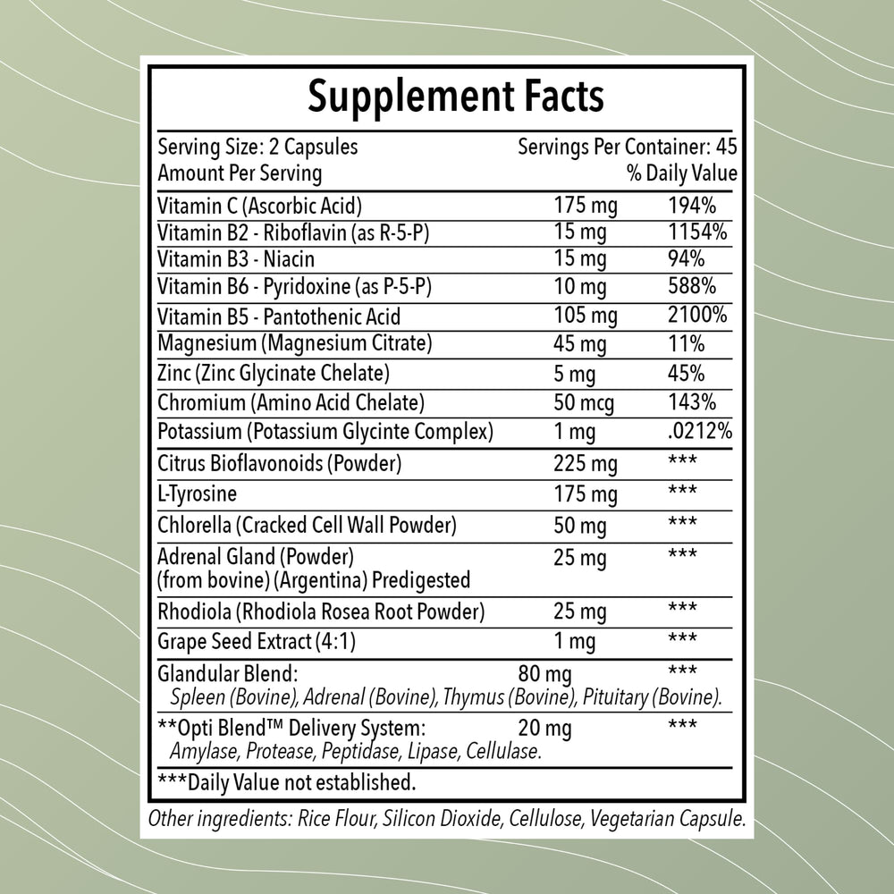 Opti-Adrenal label close-up highlights rhodiola root and vitamins for stress resilience and energy.