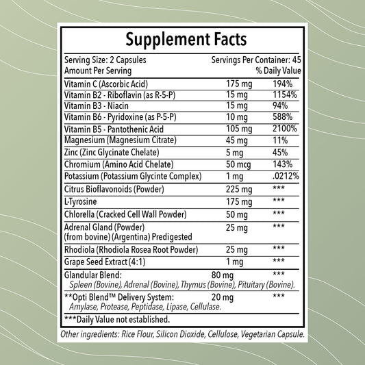 Opti-Adrenal label close-up highlights rhodiola root and vitamins for stress resilience and energy.