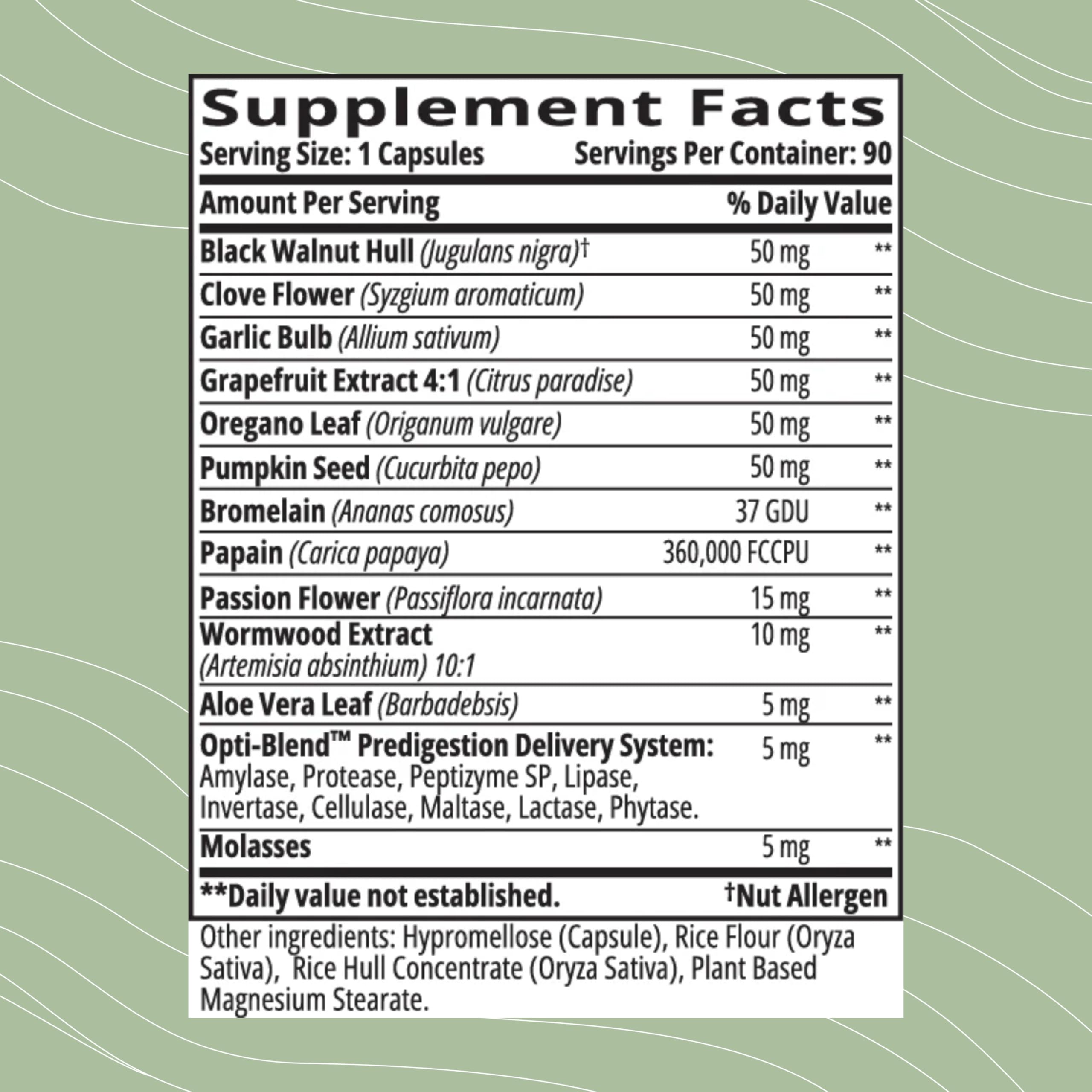 Opti-para ingredients list featuring wormwood, black walnut, and pumpkin seeds for botanical support.